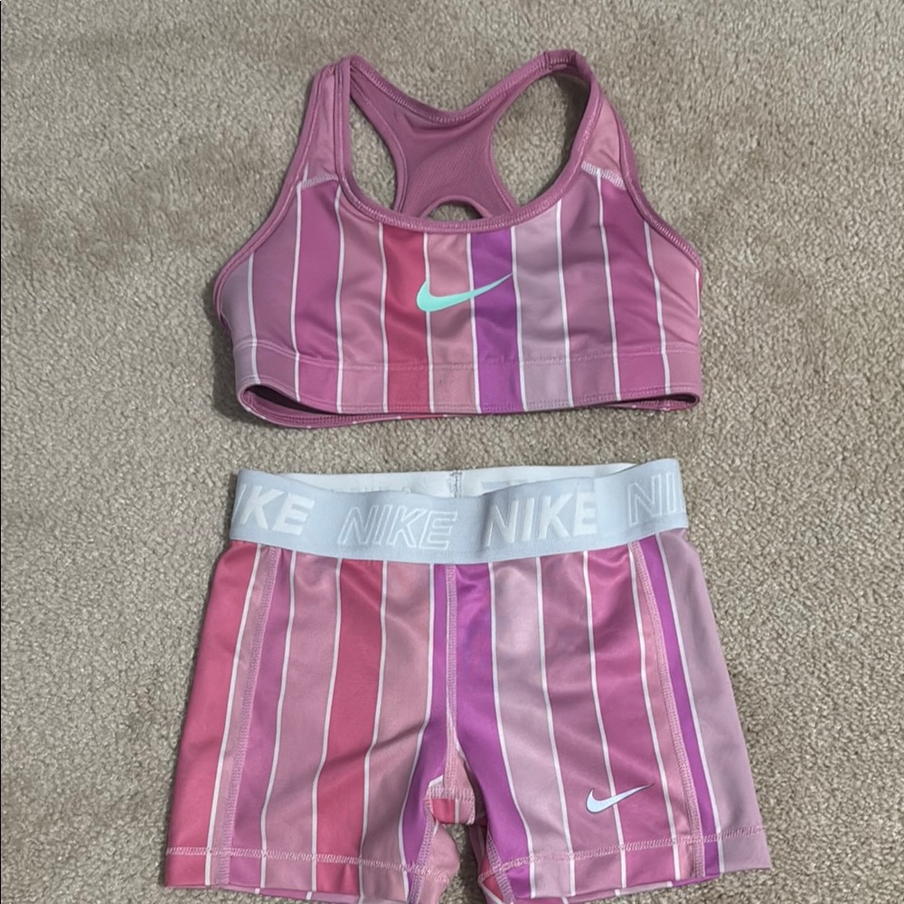 Nike Pink Striped Sports Bra and Shorts Set